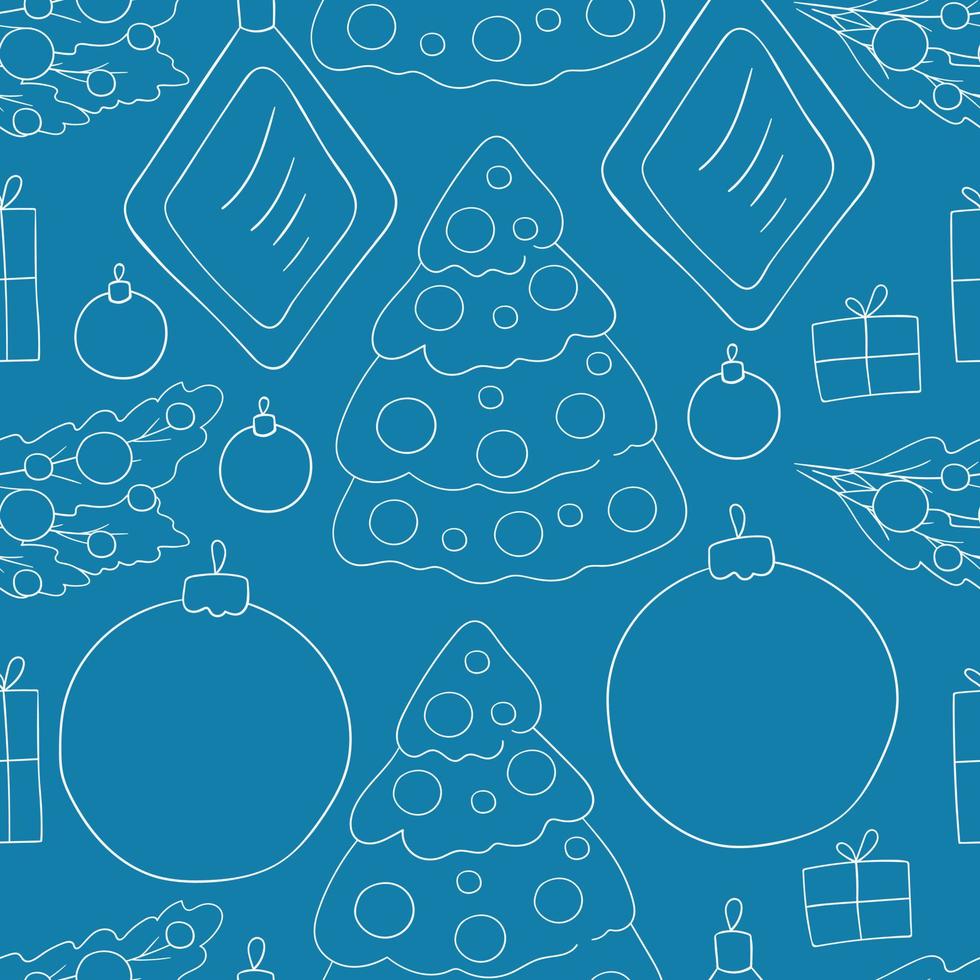 Pattern in hand draw style. Seamless vector pattern with stars, Christmas tree decorations. Can be used for fabric, packaging, wrapping and etc