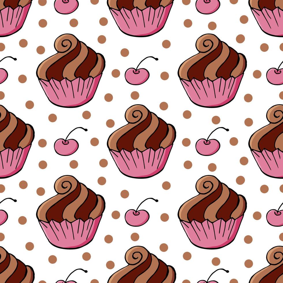 Vector illustration. Seamless pattern with sweet pastries. Cute muffins, cupcakes. Polka dot background. Texture for fabric
