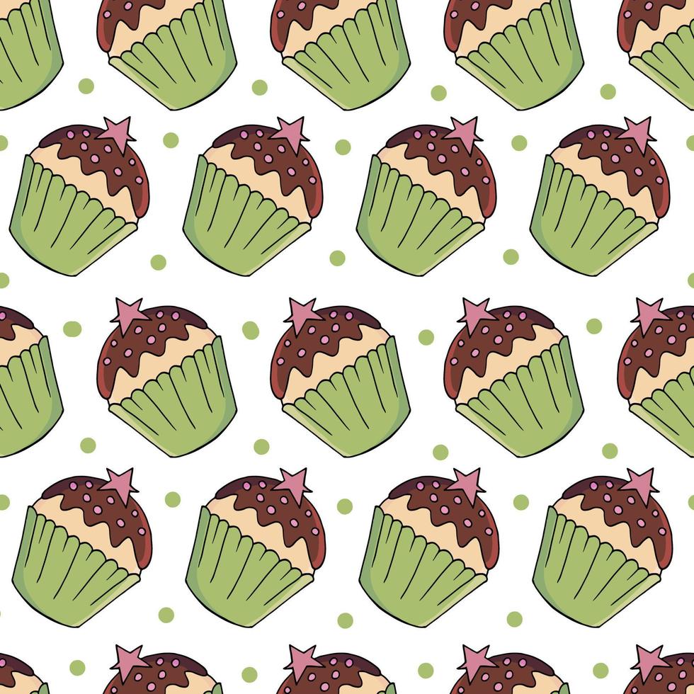 Vector illustration. Seamless pattern with sweet pastries. Cute muffins, cupcakes. Polka dot background. Texture for fabric