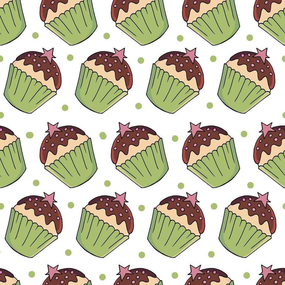 ilustración vectorial. patrón sin fisuras con pasteles dulces. lindos muffins, cupcakes. fondo de lunares. textura para tela vector