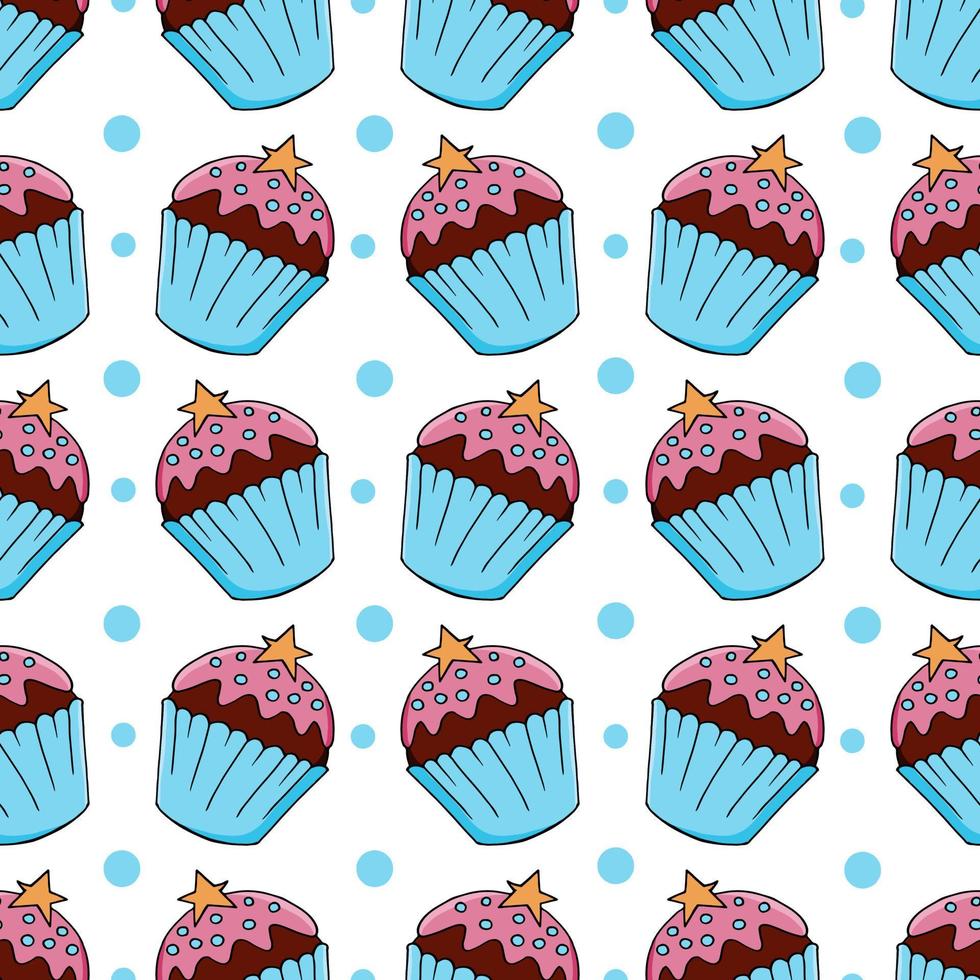 Vector illustration. Seamless pattern with sweet pastries. Cute muffins, cupcakes. Polka dot background. Texture for fabric