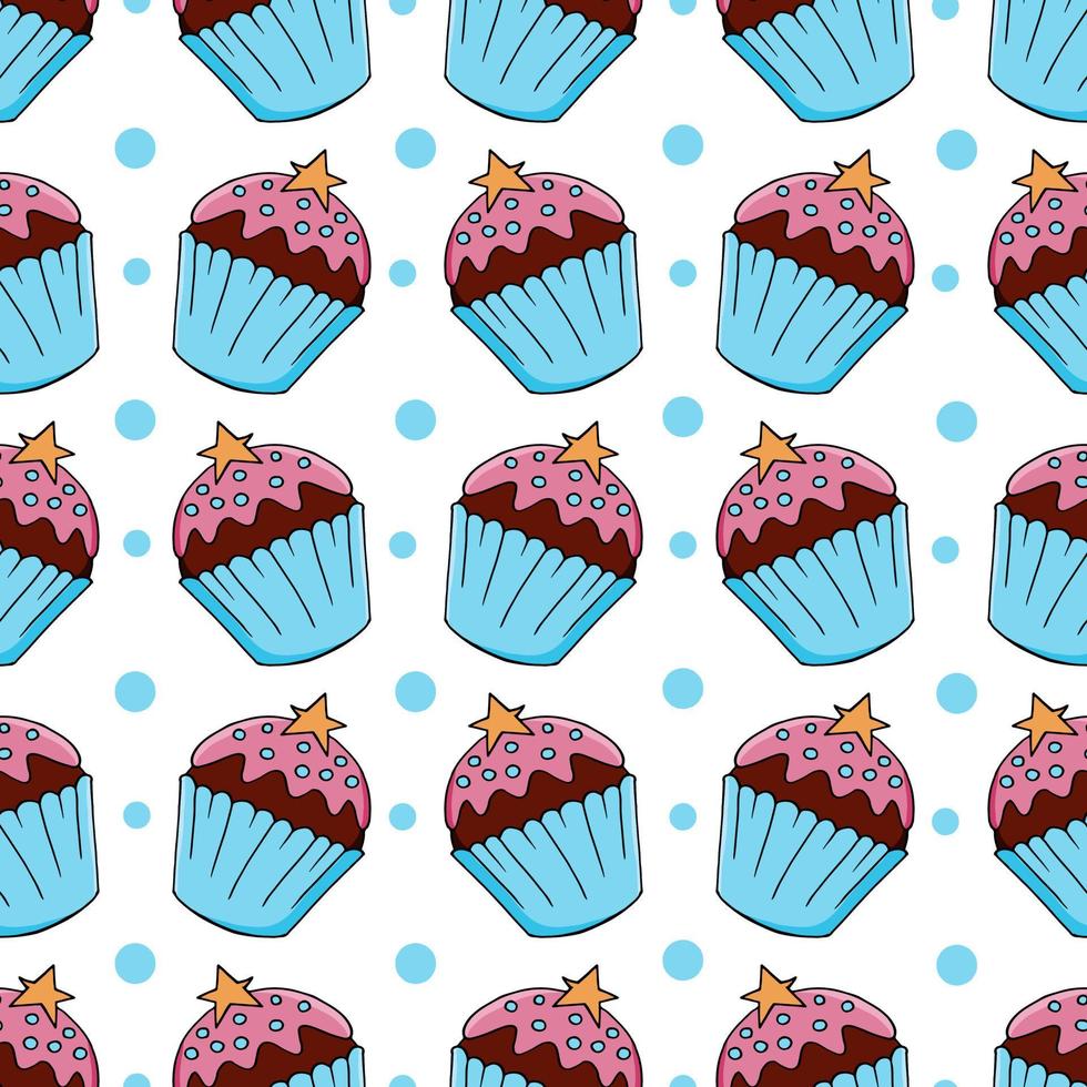 ilustración vectorial. patrón sin fisuras con pasteles dulces. lindos muffins, cupcakes. fondo de lunares. textura para tela vector