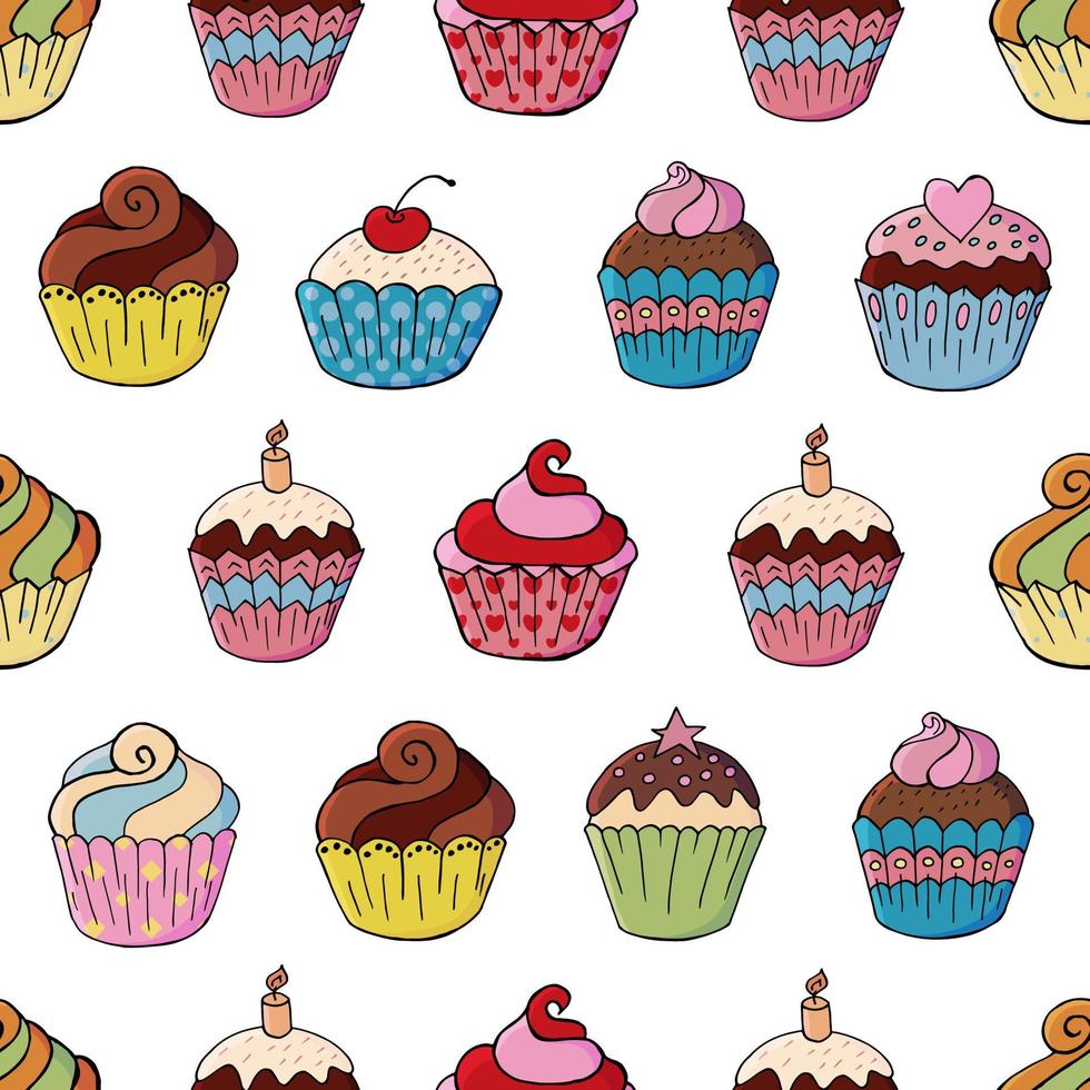 Vector illustration. Seamless pattern with sweet pastries. Cute muffins, cupcakes. Polka dot background. Texture for fabric