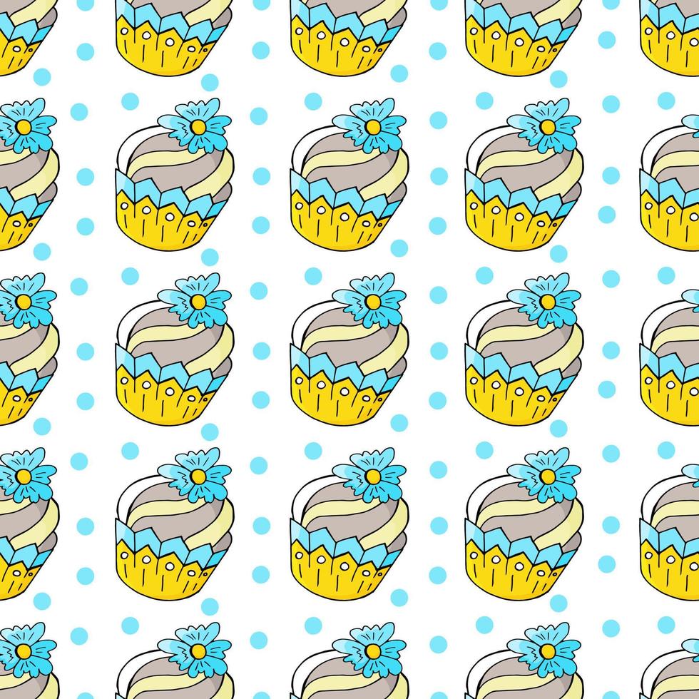 Vector illustration. Seamless pattern with sweet pastries. Cute muffins, cupcakes. Polka dot background. Texture for fabric