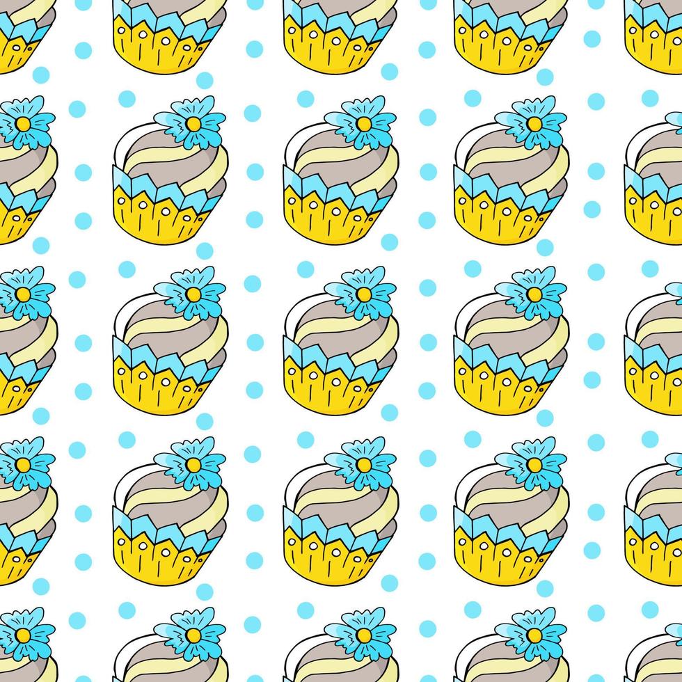 Vector illustration. Seamless pattern with sweet pastries. Cute muffins, cupcakes. Polka dot background. Texture for fabric