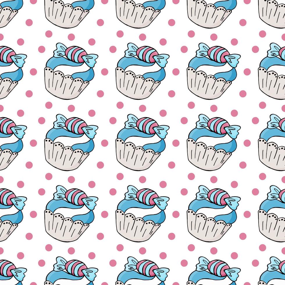 Vector illustration. Seamless pattern with sweet pastries. Cute muffins, cupcakes. Polka dot background. Texture for fabric