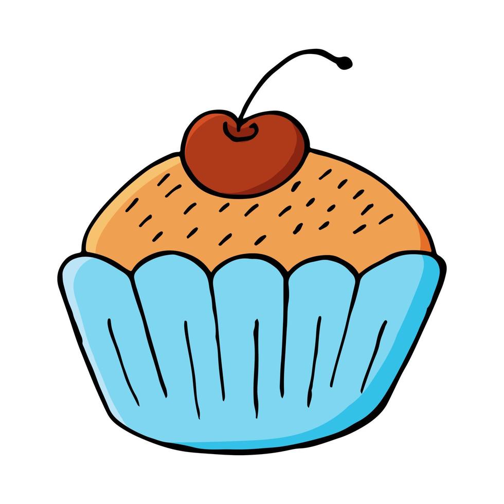 Vector illustration for your design. Bright icon of cupcake, muffin in hand draw style