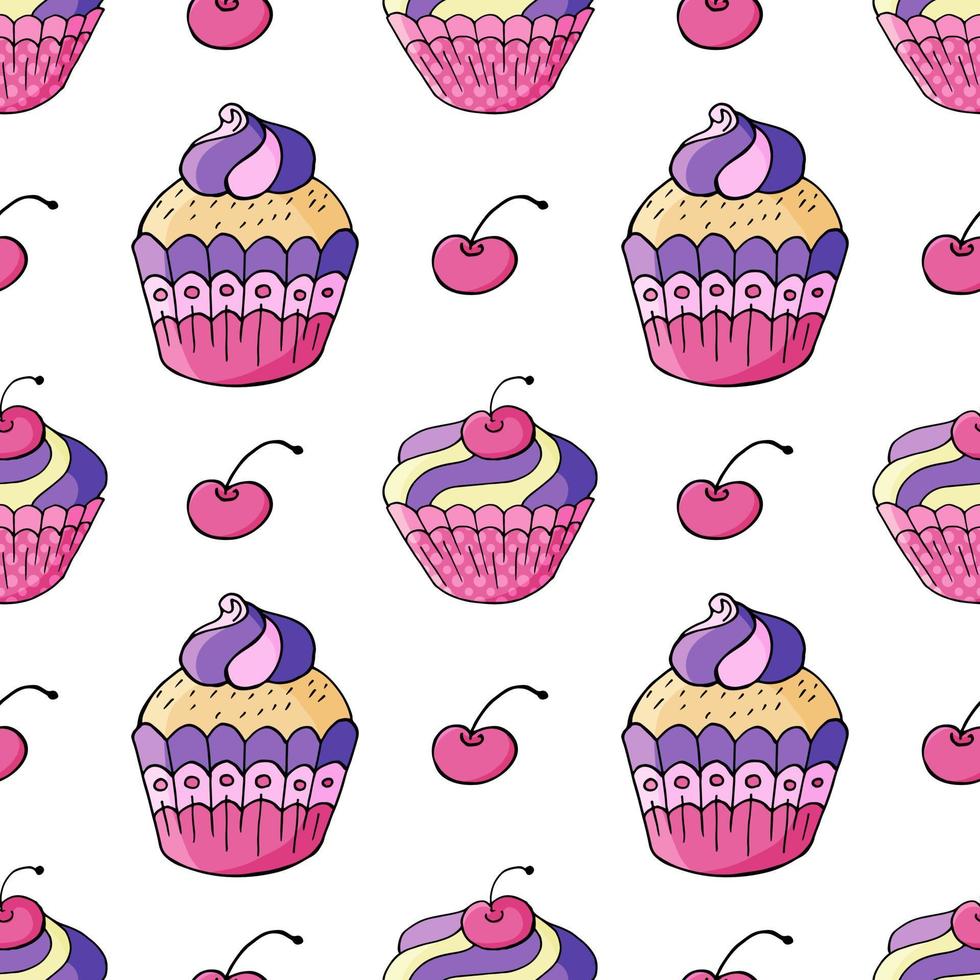 Vector illustration. Seamless pattern with sweet pastries. Cute muffins, cupcakes