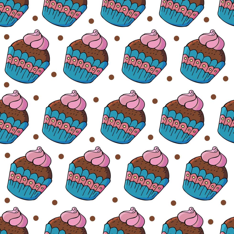 Vector illustration. Seamless pattern with sweet pastries. Cute muffins, cupcakes. Polka dot background. Texture for fabric