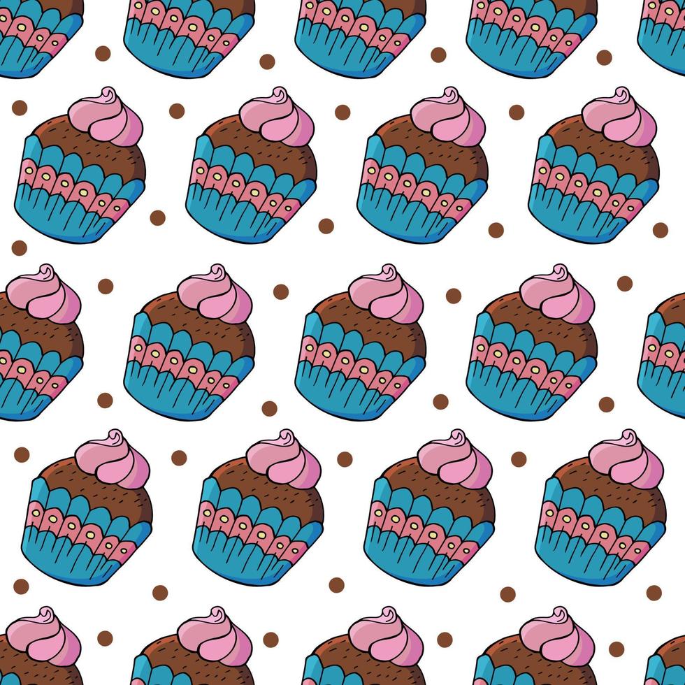 ilustración vectorial. patrón sin fisuras con pasteles dulces. lindos muffins, cupcakes. fondo de lunares. textura para tela vector