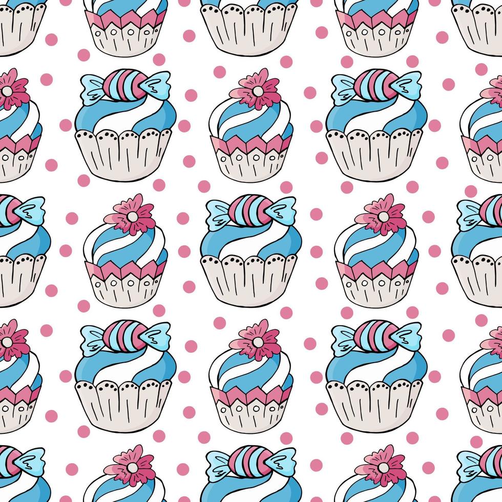 Vector illustration. Seamless pattern with sweet pastries. Cute muffins, cupcakes. Polka dot background. Texture for fabric