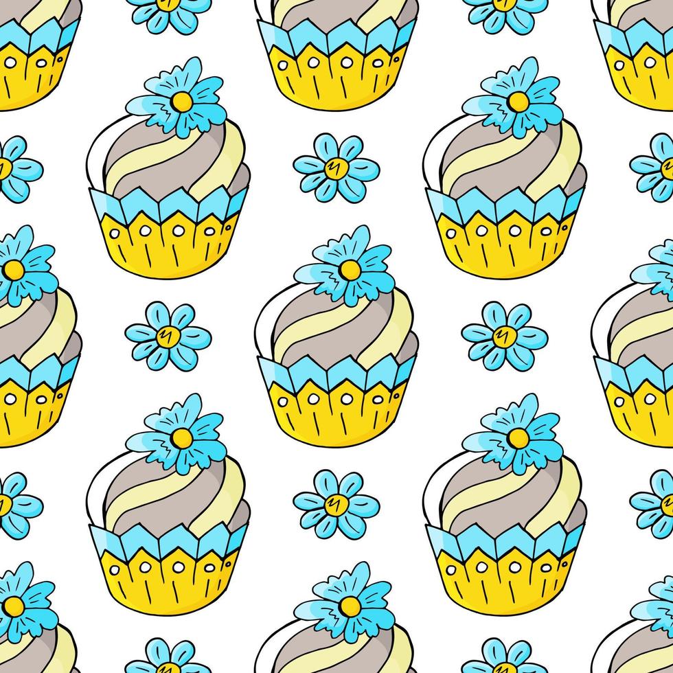 ilustración vectorial. patrón sin fisuras con pasteles dulces. lindos muffins, cupcakes. fondo de lunares. textura para tela vector