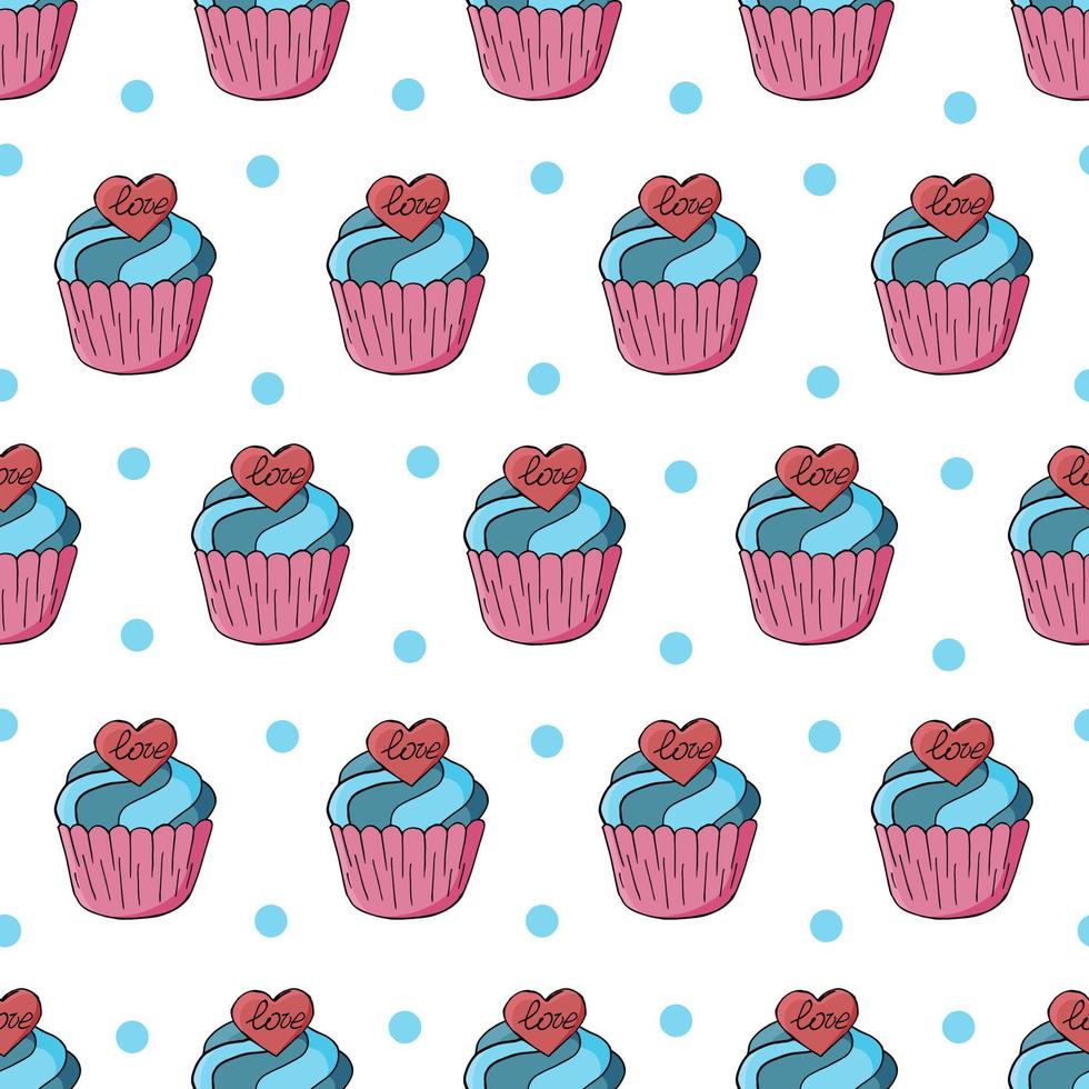 Vector illustration. Seamless pattern with sweet pastries. Cute muffins, cupcakes. Polka dot background. Texture for fabric