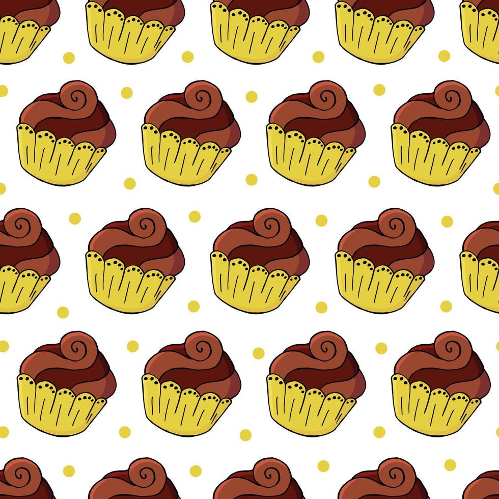 Vector illustration. Seamless pattern with sweet pastries. Cute muffins, cupcakes. Polka dot background. Texture for fabric