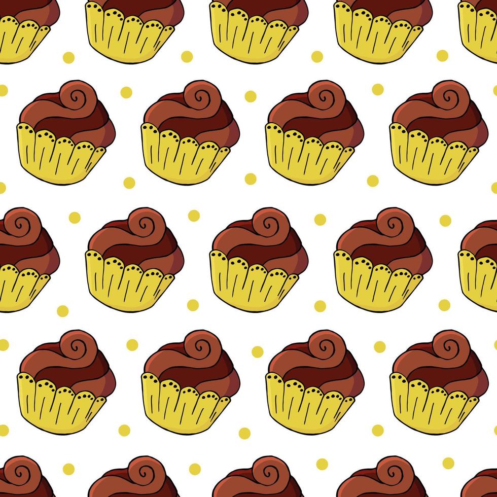 ilustración vectorial. patrón sin fisuras con pasteles dulces. lindos muffins, cupcakes. fondo de lunares. textura para tela vector