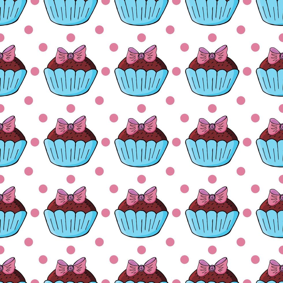 Vector illustration. Seamless pattern with sweet pastries. Cute muffins, cupcakes. Polka dot background. Texture for fabric