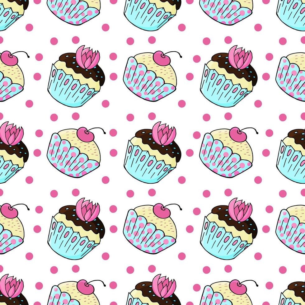 Vector illustration. Seamless pattern with sweet pastries. Cute muffins, cupcakes. Polka dot background. Texture for fabric