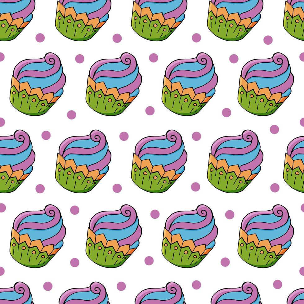 ilustración vectorial. patrón sin fisuras con pasteles dulces. lindos muffins, cupcakes. fondo de lunares. textura para tela vector