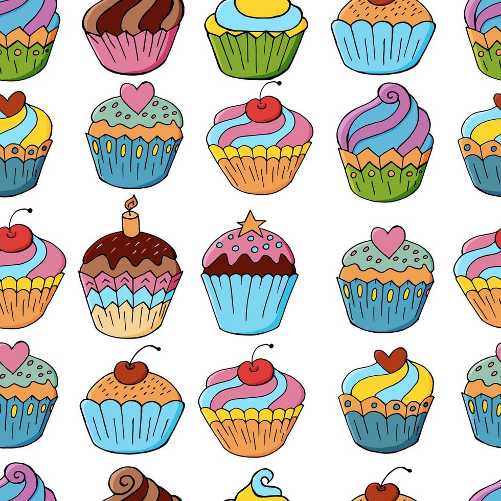 Vector illustration. Seamless pattern with sweet pastries. Cute muffins, cupcakes. Polka dot background. Texture for fabric