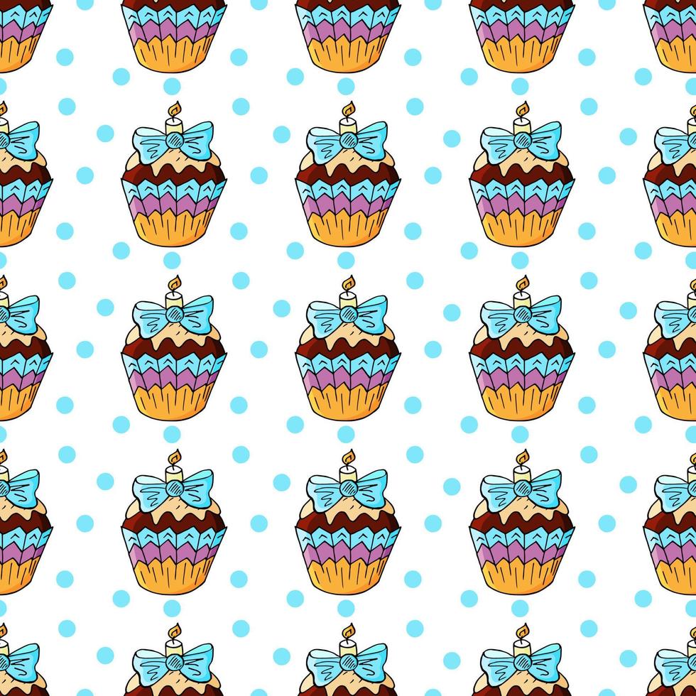 Vector illustration. Seamless pattern with sweet pastries. Cute muffins, cupcakes. Polka dot background. Texture for fabric
