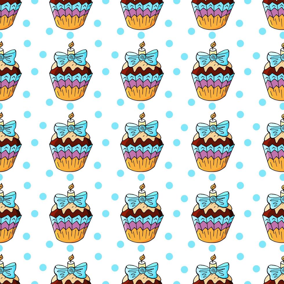 ilustración vectorial. patrón sin fisuras con pasteles dulces. lindos muffins, cupcakes. fondo de lunares. textura para tela vector