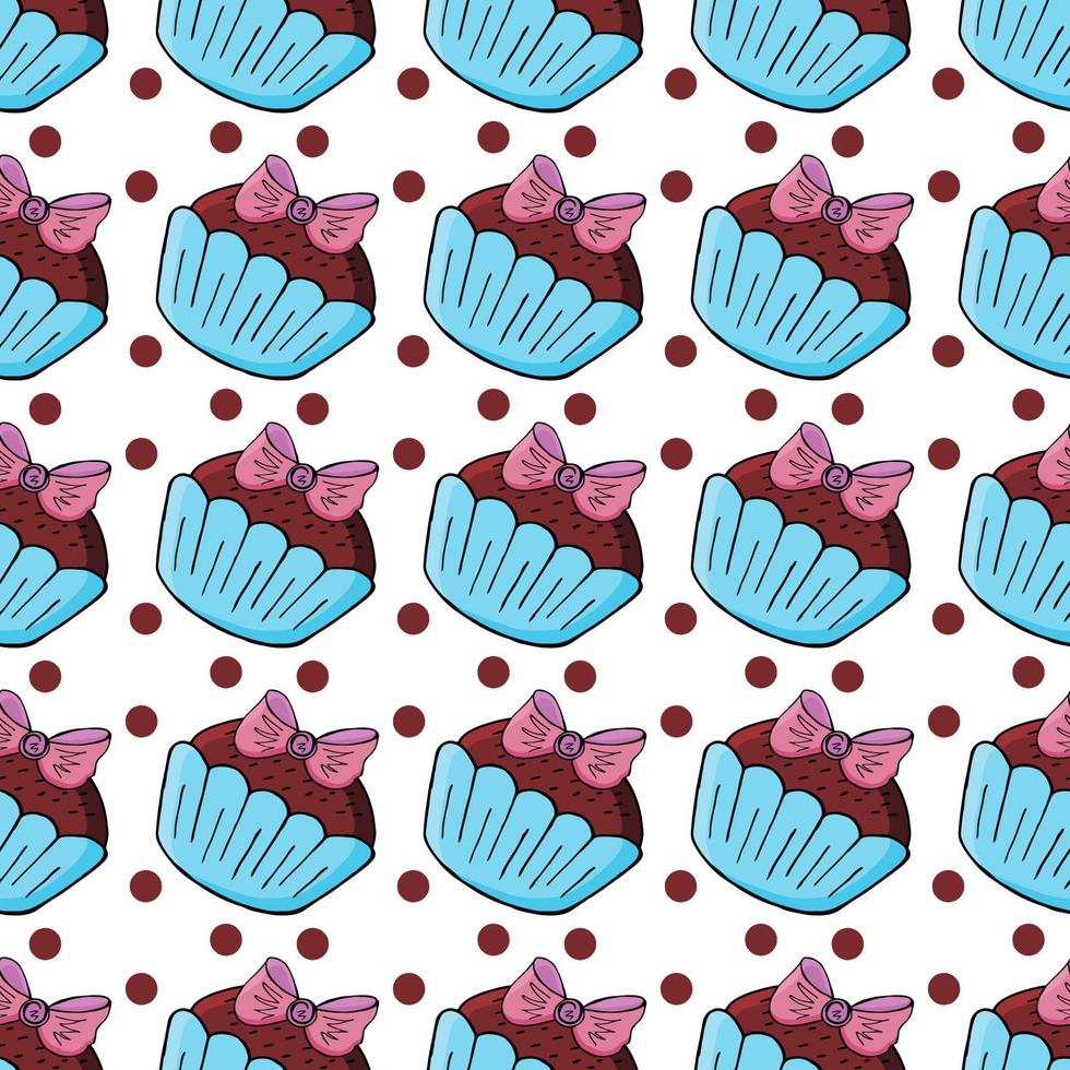 Vector illustration. Seamless pattern with sweet pastries. Cute muffins, cupcakes. Polka dot background. Texture for fabric