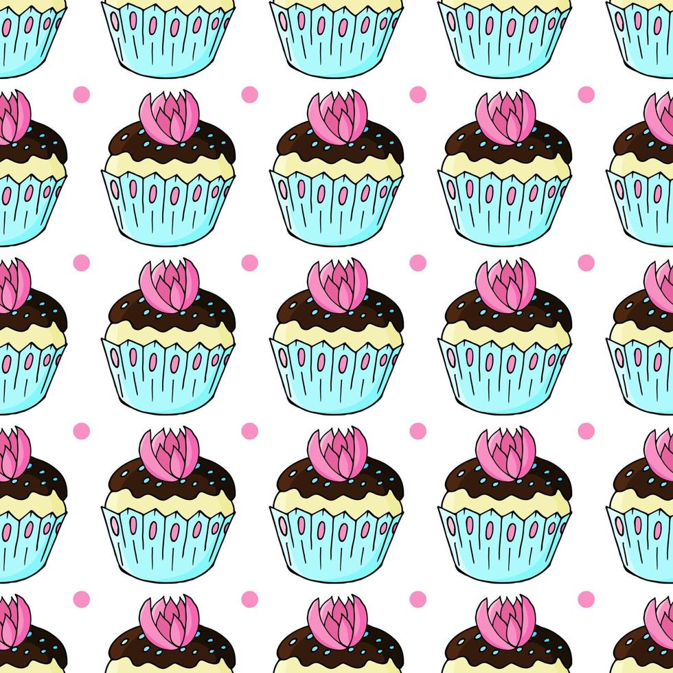Vector illustration. Seamless pattern with sweet pastries. Cute muffins, cupcakes. Polka dot background. Texture for fabric