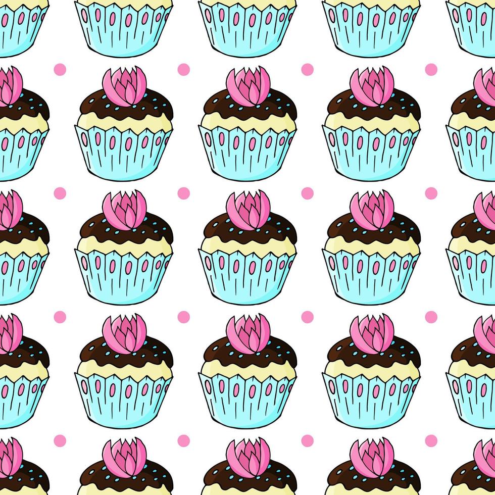 Vector illustration. Seamless pattern with sweet pastries. Cute muffins, cupcakes. Polka dot background. Texture for fabric