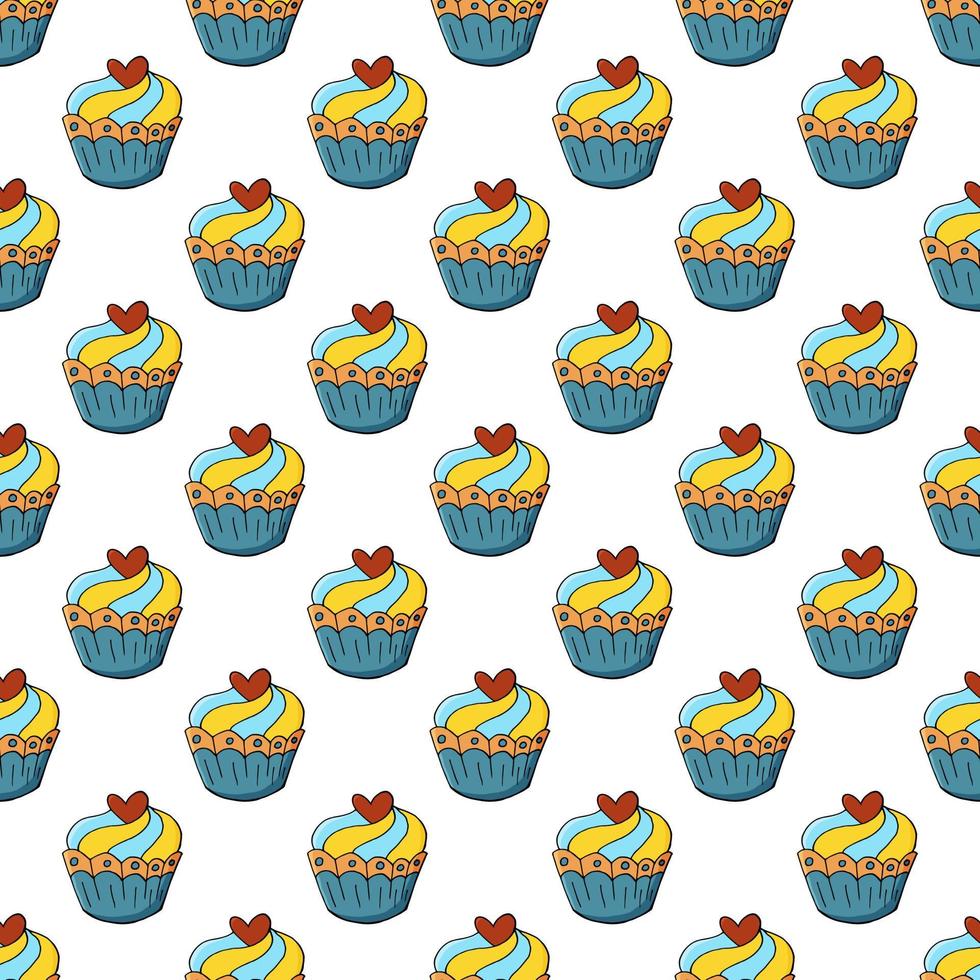 Vector illustration. Seamless pattern with sweet pastries. Cute muffins, cupcakes. Polka dot background. Texture for fabric