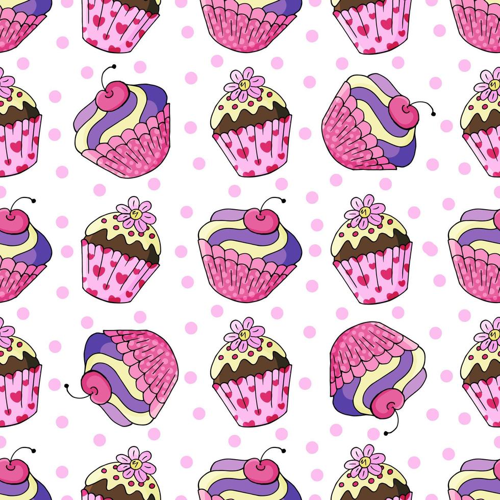 Vector illustration. Seamless pattern with sweet pastries. Cute muffins, cupcakes. Polka dot background. Texture for fabric