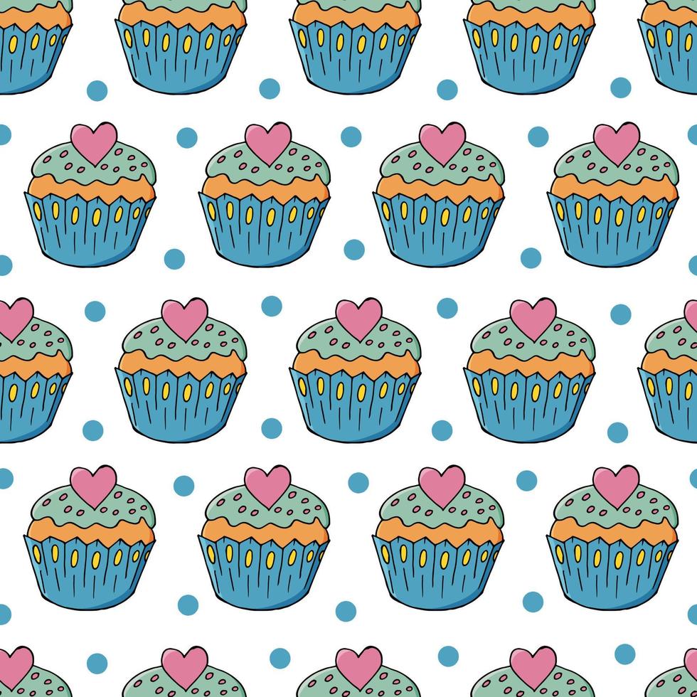 Vector illustration. Seamless pattern with sweet pastries. Cute muffins, cupcakes. Polka dot background. Texture for fabric