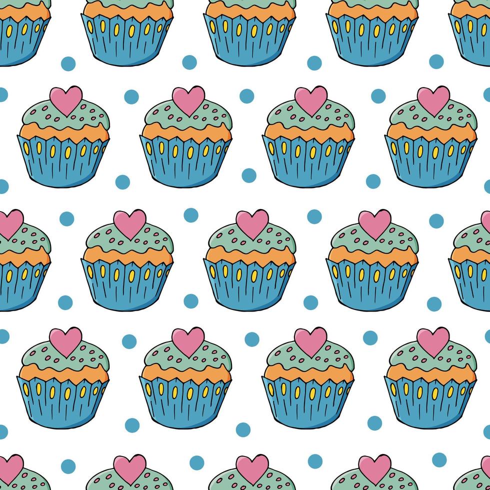 Vector illustration. Seamless pattern with sweet pastries. Cute muffins, cupcakes. Polka dot background. Texture for fabric