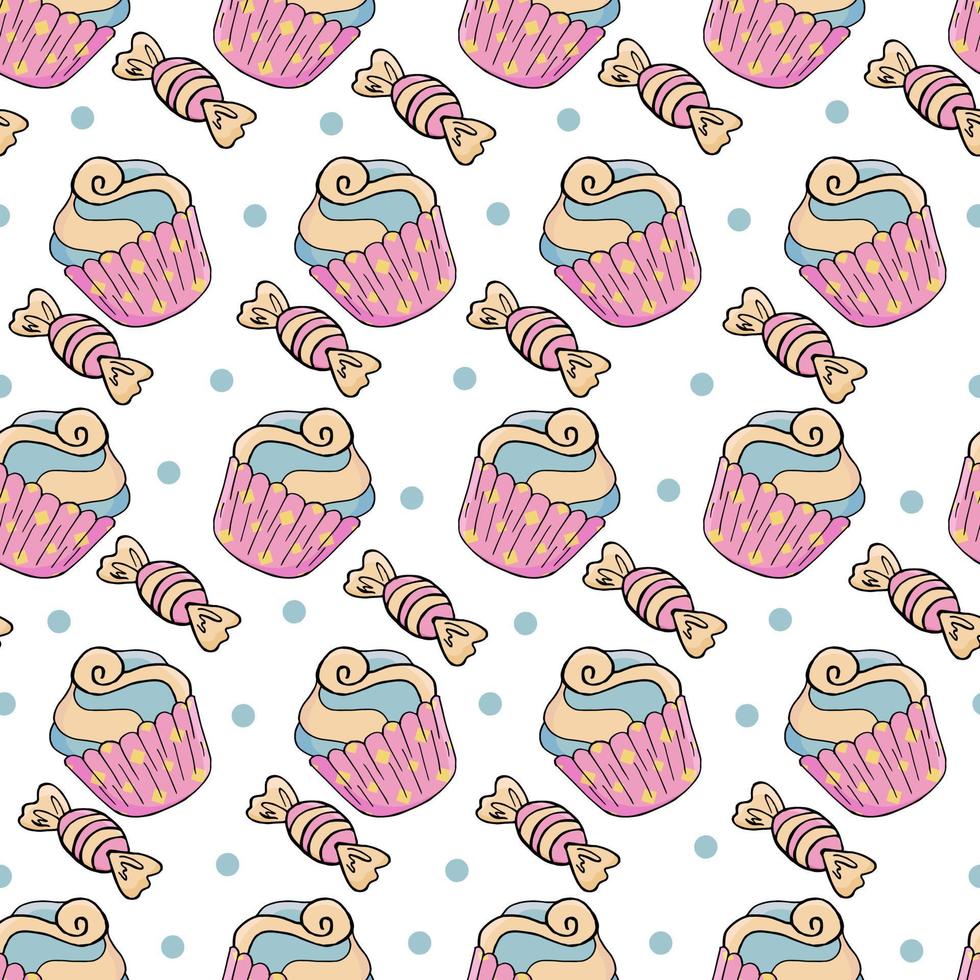 Vector illustration. Seamless pattern with sweet pastries. Cute muffins, cupcakes. Polka dot background. Texture for fabric