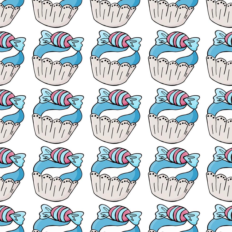 Vector illustration. Seamless pattern with sweet pastries. Cute muffins, cupcakes. Polka dot background. Texture for fabric