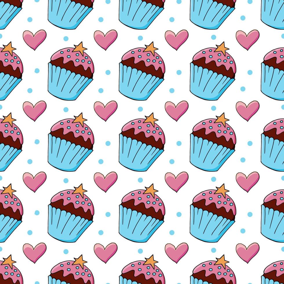 Vector illustration. Seamless pattern with sweet pastries. Cute muffins, cupcakes. Polka dot background. Texture for fabric