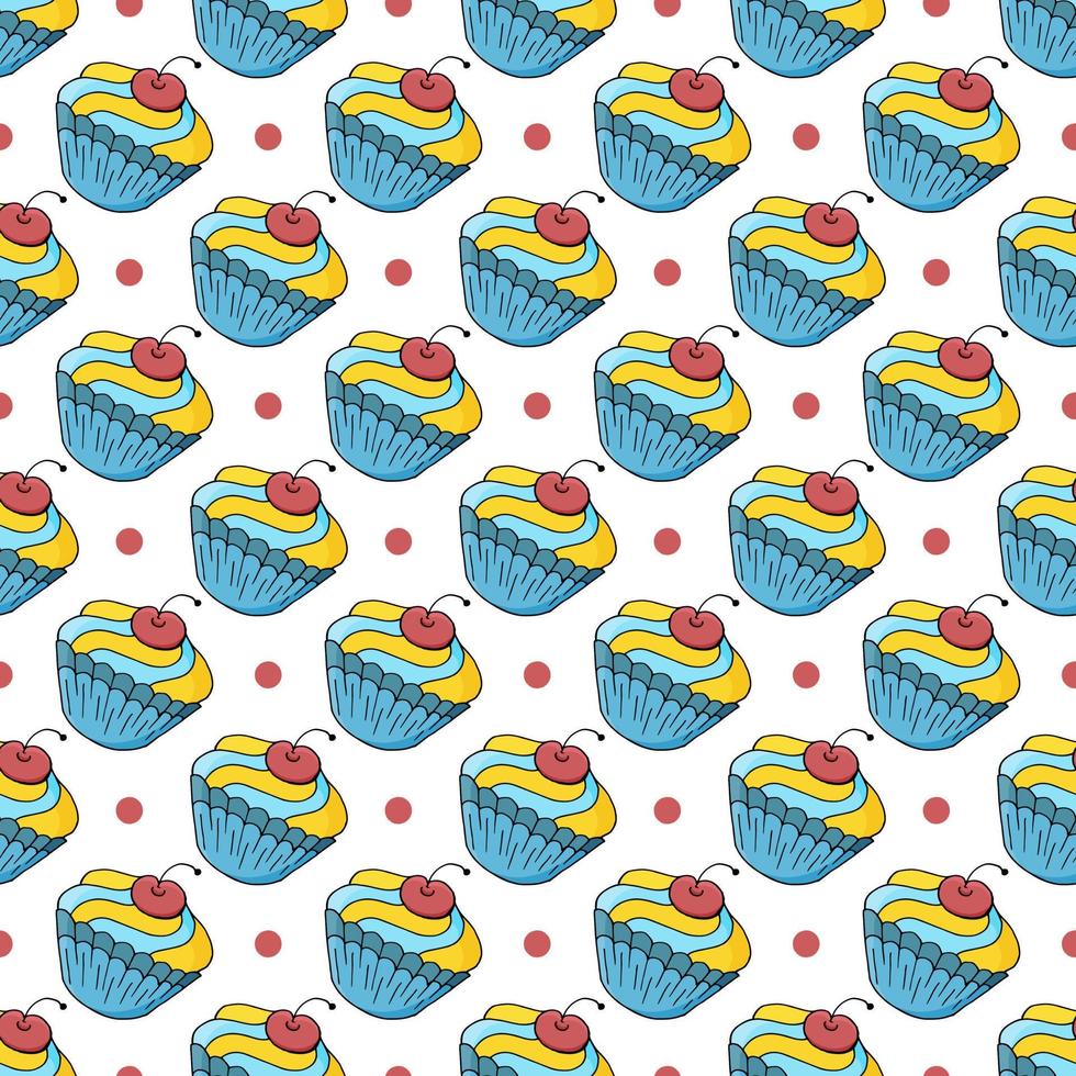 Vector illustration. Seamless pattern with sweet pastries. Cute muffins, cupcakes. Polka dot background. Texture for fabric