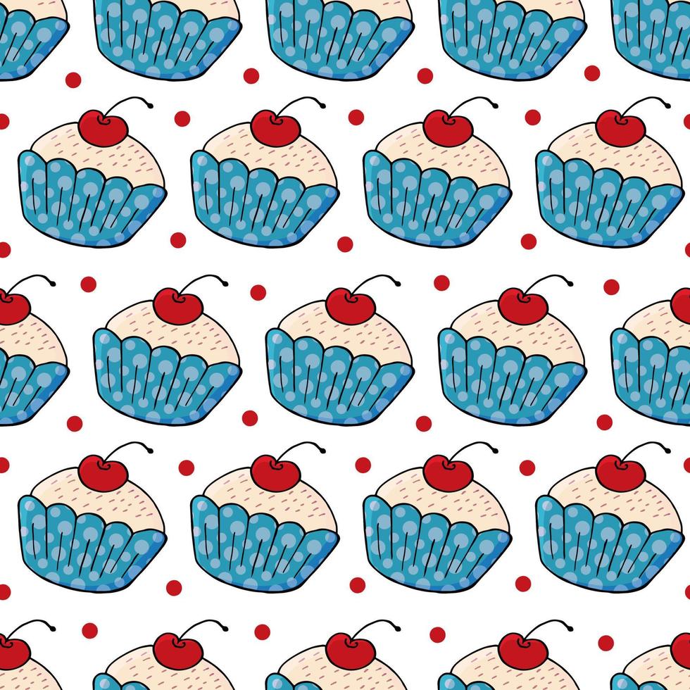 Vector illustration. Seamless pattern with sweet pastries. Cute muffins, cupcakes. Polka dot background. Texture for fabric