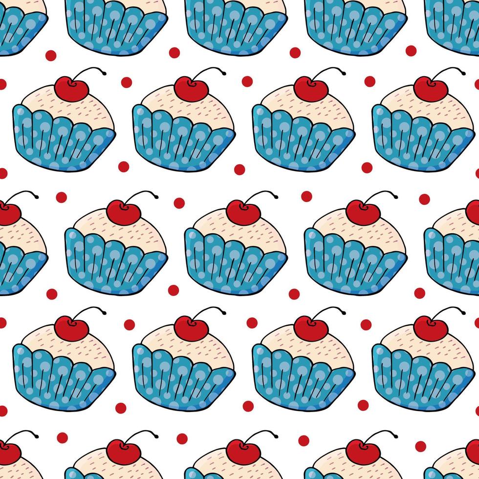 ilustración vectorial. patrón sin fisuras con pasteles dulces. lindos muffins, cupcakes. fondo de lunares. textura para tela vector