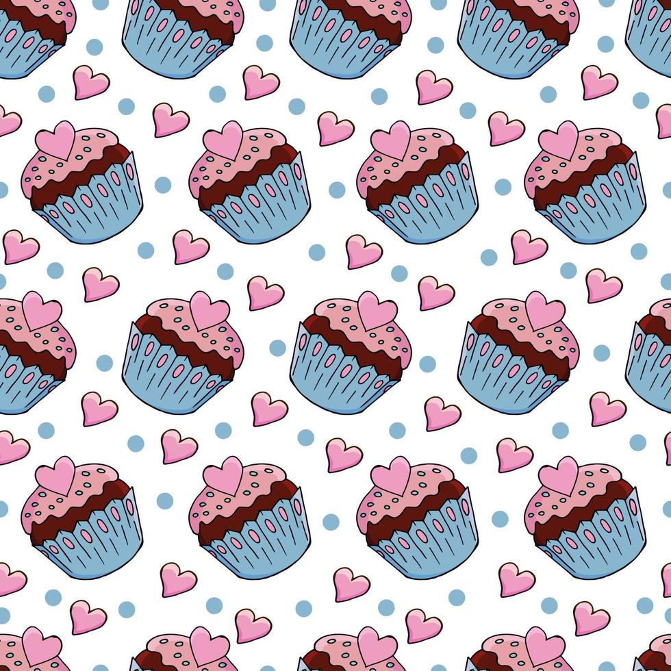 Vector illustration. Seamless pattern with sweet pastries. Cute muffins, cupcakes. Polka dot background. Texture for fabric