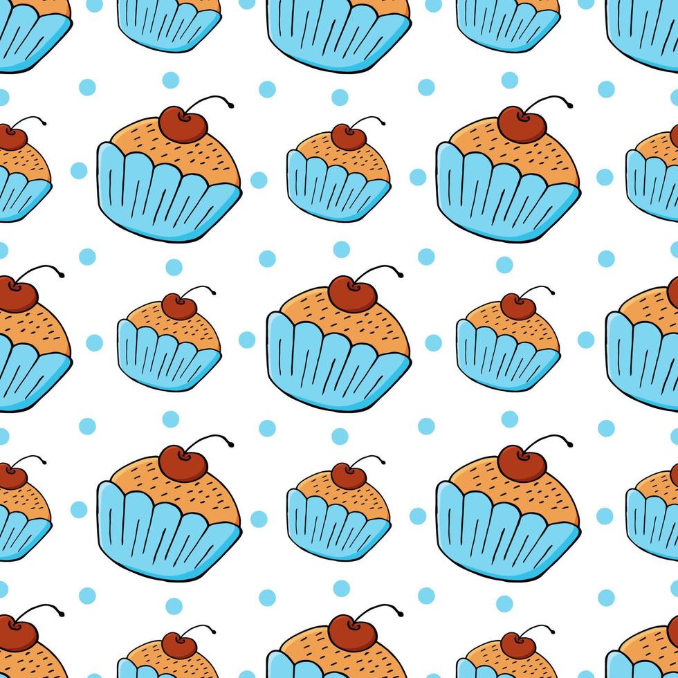 Vector illustration. Seamless pattern with sweet pastries. Cute muffins, cupcakes. Polka dot background. Texture for fabric