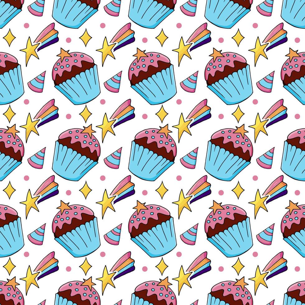 ilustración vectorial. patrón sin fisuras con pasteles dulces. lindos muffins, cupcakes. fondo de lunares. textura para tela vector