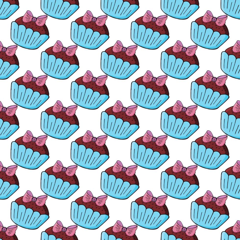 Vector illustration. Seamless pattern with sweet pastries. Cute muffins, cupcakes. Polka dot background. Texture for fabric