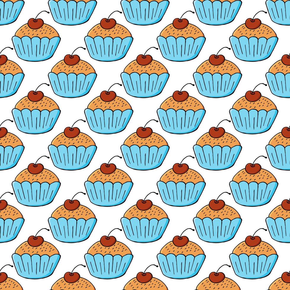 Vector illustration. Seamless pattern with sweet pastries. Cute muffins, cupcakes. Polka dot background. Texture for fabric