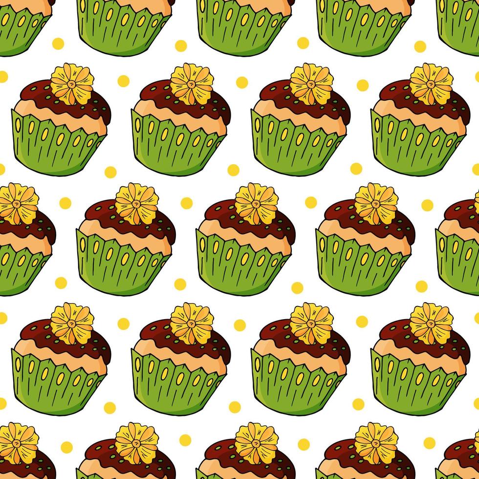 ilustración vectorial. patrón sin fisuras con pasteles dulces. lindos muffins, cupcakes. fondo de lunares. textura para tela vector