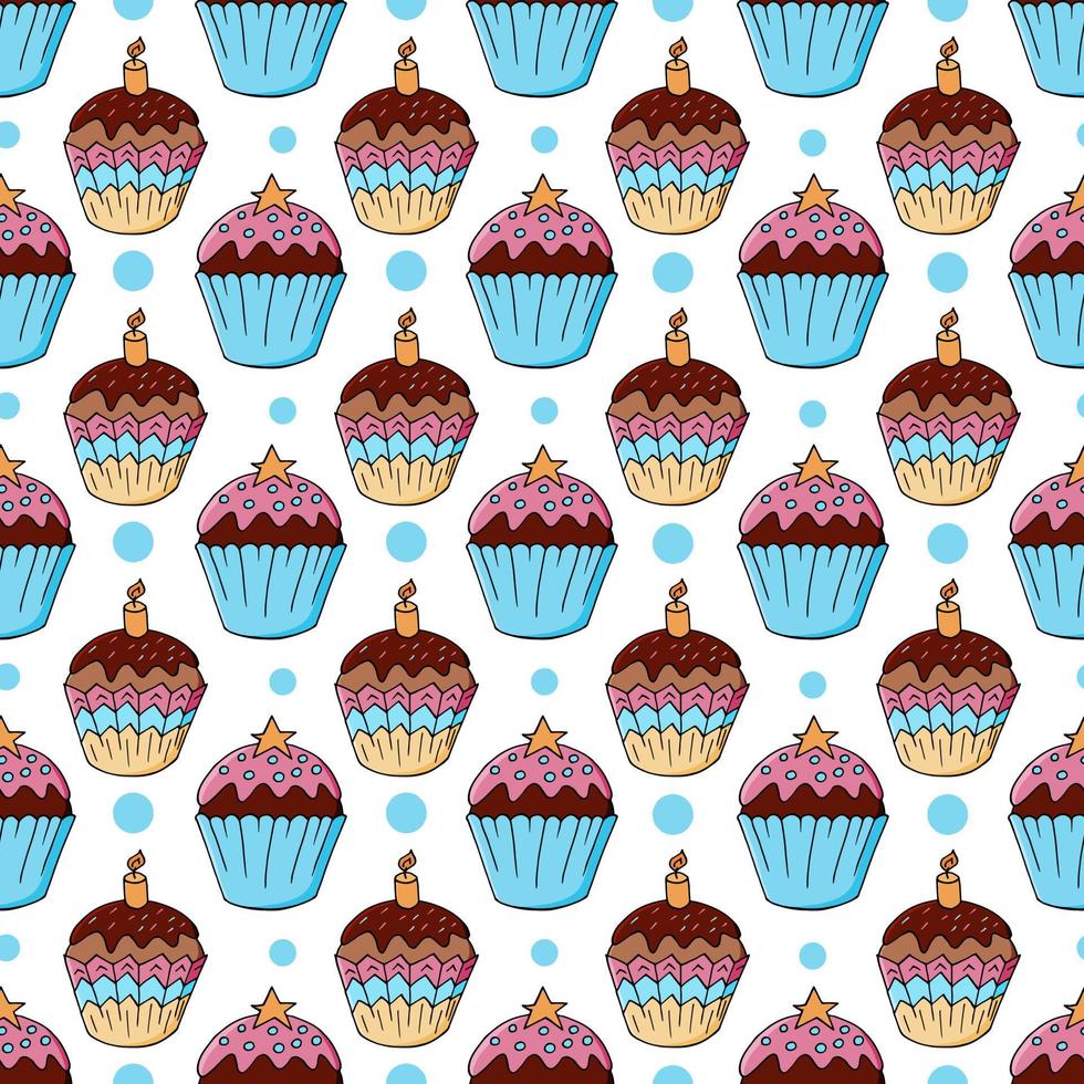 ilustración vectorial. patrón sin fisuras con pasteles dulces. lindos muffins, cupcakes. fondo de lunares. textura para tela vector