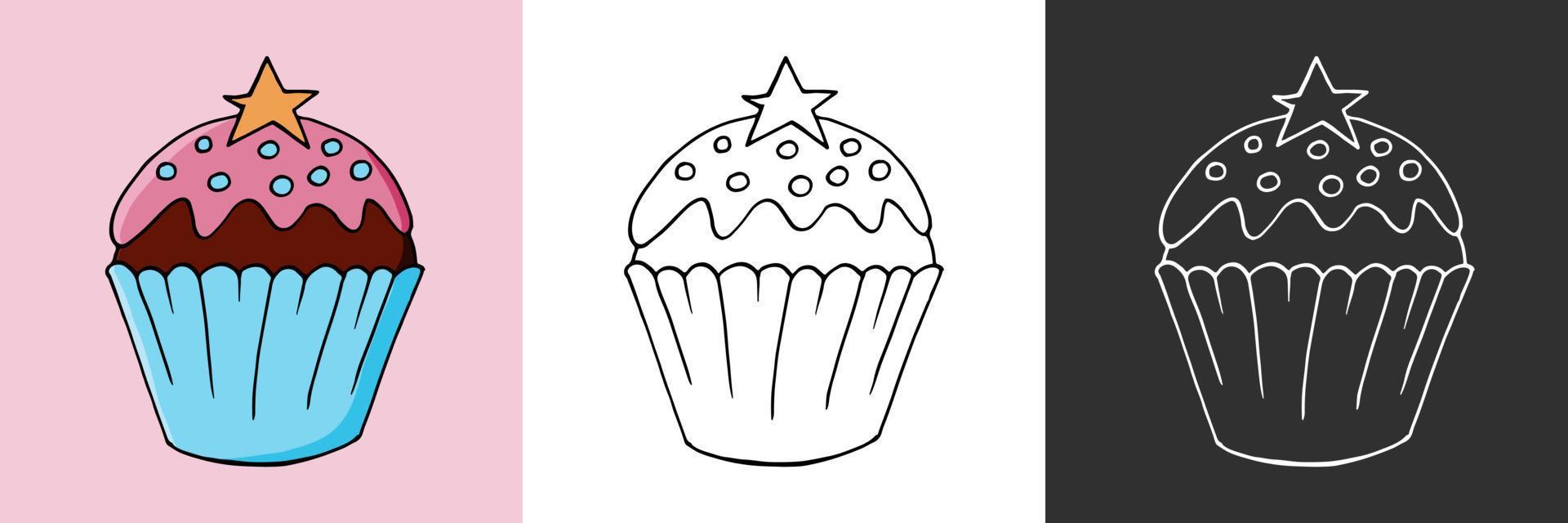 Vector illustration for your design. Bright icon of cupcake, muffin in hand draw style