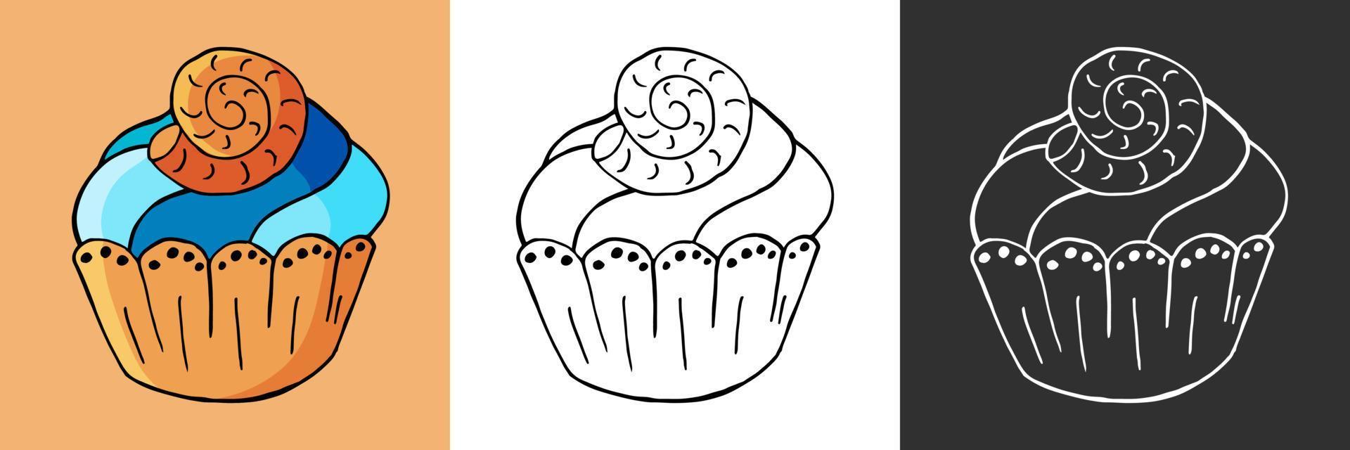 ilustración vectorial para su diseño. icono brillante de cupcake, muffin en estilo de dibujo a mano vector