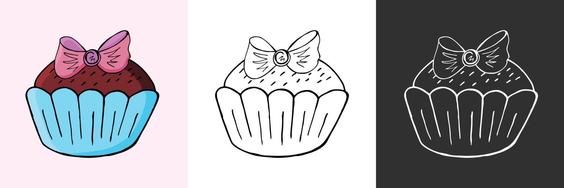 Vector illustration for your design. Bright icon of cupcake, muffin in hand draw style