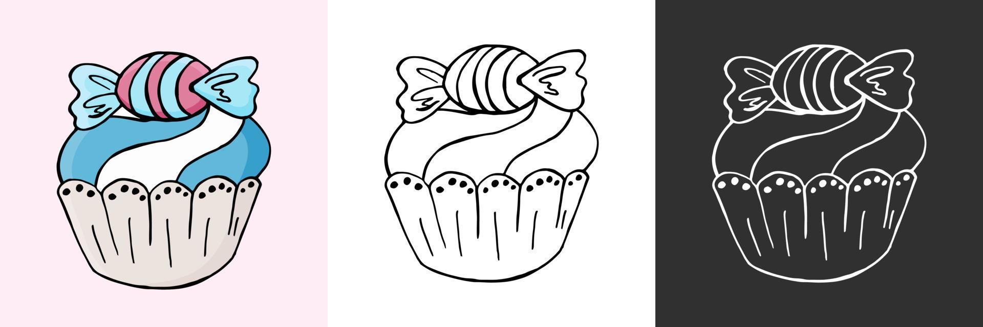 Vector illustration for your design. Bright icon of cupcake, muffin in hand draw style