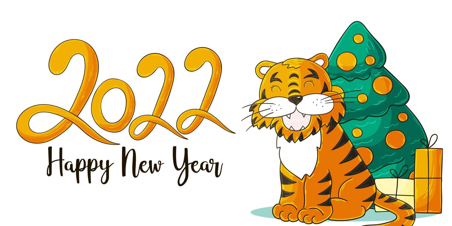 Symbol of 2022. Illustration with tiger in hand draw style. New Year 2022 vector